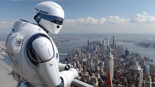 Future Sight: An advanced humanoid robot contemplates a sprawling cityscape, pondering its role in an evolving world.
