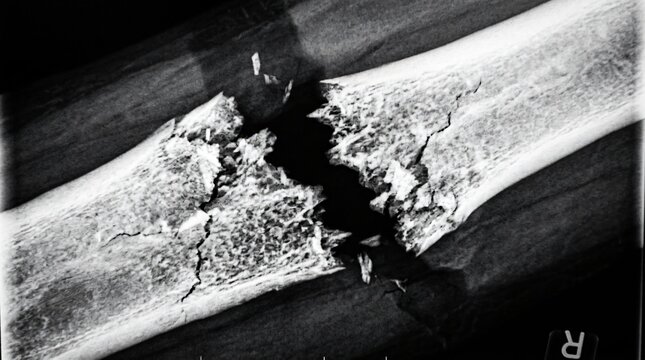 Close-up X-ray of a fractured human bone, showing a complex break with multiple fragments and significant displacement.