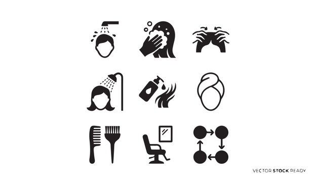 Hair care and showering process pictogram icons with treatment, silhouette
