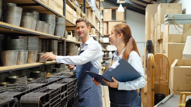 Diverse warehouse coworkers, man and woman caucasian in aprons, checking inventory with a barcode scanner and clipboard in a storage facility. They smiling and collaborating on retail stock management