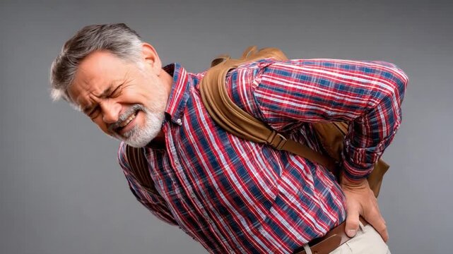 Aching Burden: A mature individual visibly struggles with discomfort as he carries the weight of a heavy backpack, his face etched with strain.