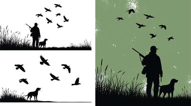 Hunter with dog silhouette vector, duck hunting scene in nature, man with shotgun and bird dog, flying ducks flock, outdoor sport hunting landscape.