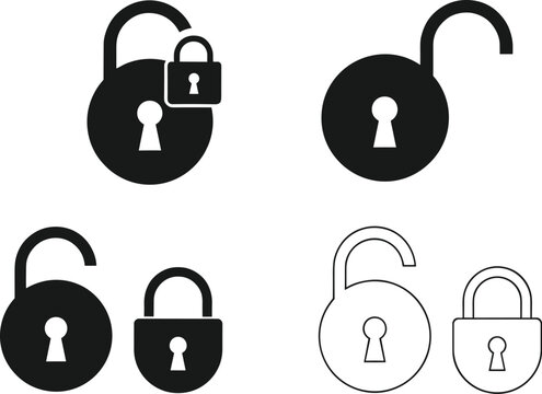 Lock and unlock icon set featuring circular padlocks with keyhole silhouettes in black solid and outline vector style for security and privacy concepts