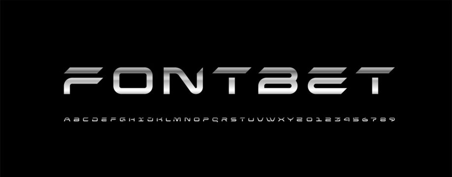 Technical font, digital wide alphabet, cyber chrome letters from A to Z and numbers from 0 to 9 for you logo designs, vector illustration 10EPS