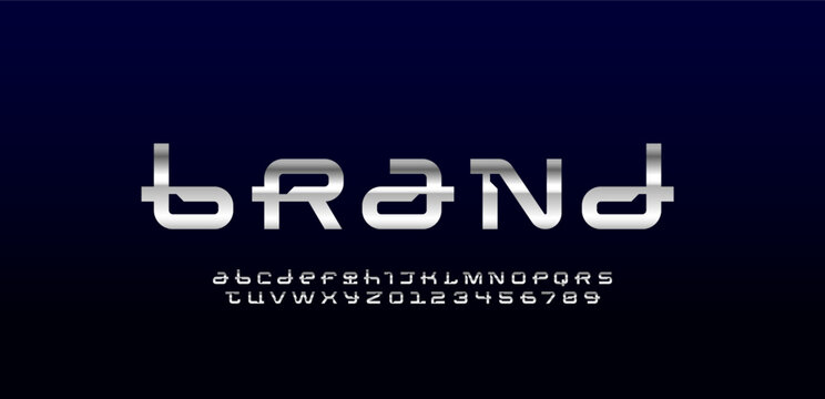 Technical font, cyber alphabet, digital chrome letters from A to Z and numbers from 0 to 9 for logo design, vector illustration 10EPS