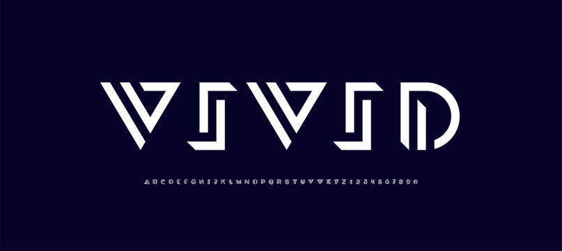 Logo font alphabet from segment white lines, technology letters A, B, C, D, E, F, G, H, I, J, K, L, M, N, O, P, Q, R, S, T, U, V, W, X, Y, Z and numerals 0, 1, 2, 3, 4, 5, 6, 7, 8, 9, and numbers, vec