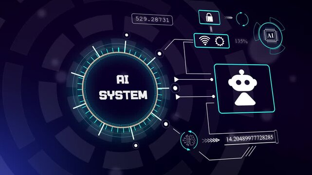 Advanced ai system neural network with robot icon for automated decision making and cognitive computing projects, hud animation