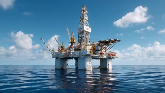 Offshore Rig in Calm Sea: A vast offshore drilling rig stands tall in the middle of a serene ocean under a bright sky. It symbolizes the relentless pursuit of energy and innovation.