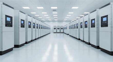 Obraz premium Modern Data Center - Rows of Servers in a Clean, Bright Environment.