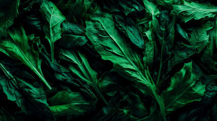 Naklejka premium Dark moody close-up of dark green leafy vegetables with leafy greens raw food vegetables