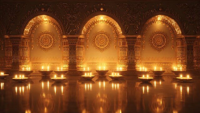 Diwali lamps illuminating ornate golden hall