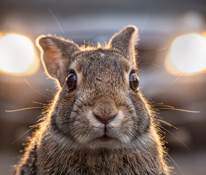 Rabbit frozen in car headlights at night, symbolizing panic, fear, hesitation and inability to act under pressure.