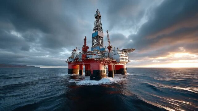 Offshore Oil Rig at Sea: A towering offshore oil rig stands as a symbol of industry, dominating the vast expanse of the open sea.