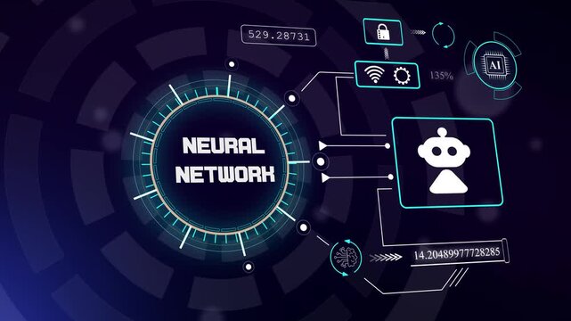 Futuristic neural network display featuring robotic assistant icon for advanced machine learning and cognitive computing, hud animation