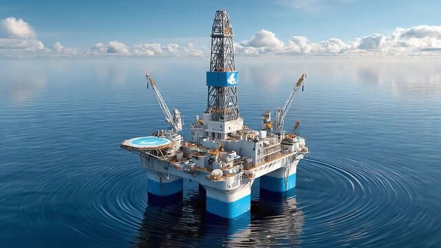 Offshore Oil Rig at Sea: A towering offshore oil rig stands majestically upon the open sea, an emblem of industry and resourcefulness, framed by the boundless horizon and serene water.