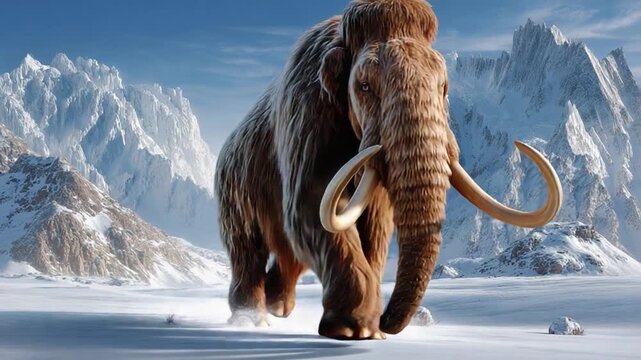 Mammoth in Ice Age: A colossal mammoth traverses a frozen landscape, its massive form dominating a terrain of snow-covered peaks and icy plains.