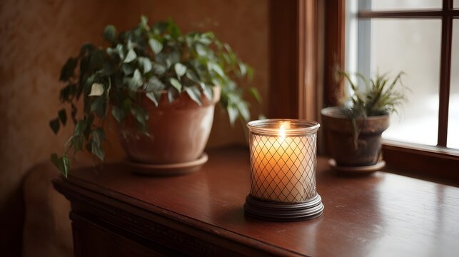 A cozy still life featuring a glowing candle and potted plants set on a wooden surface bathed in soft natural light