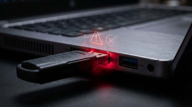 A close-up view of a USB drive plugged into a laptop with warning signs indicating a potential security threat