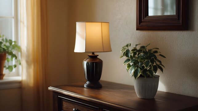 A still life composition featuring a potted houseplant warm table lamp and natural light illuminating a wooden dresser in a cozy interior setting