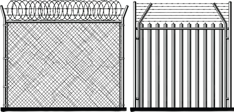 Security, fence, collection, featuring, blue, line, art, of, chain, link, mesh, razor, wire, palisade, steel, gate, and, barbed, wire, barrier, for, prison, protection, design.