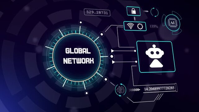 Modern global network interface featuring robotic assistant icon for international data communication and cloud systems, hud animation