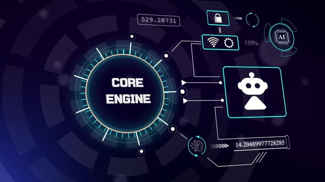 High performance core engine interface with robotic icon for automated system monitoring and tech hardware diagnostics, hud animation
