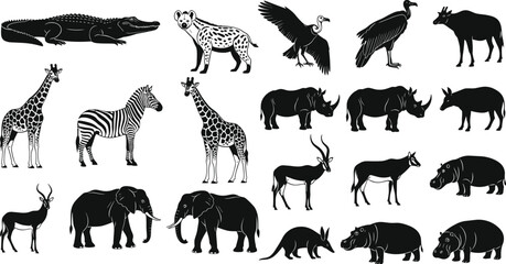 Set of African safari animal silhouettes including elephant, giraffe, zebra, rhino, hippo, crocodile, hyena, vulture, and antelope icons isolated on white background for vector design, © MDMUNTASSER