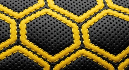 Fototapeta premium Perforated black leather is stitched together with vibrant yellow thread in a hexagonal pattern.