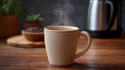 Fototapeta premium Steaming hot cup of coffee on a rustic wooden table surrounded by coffee beans and brewing equipment
