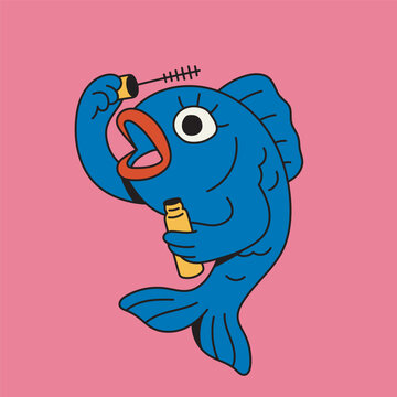 Funny blue fish with an open mouth applying mascara to its eyelashes. Sarcastic colorful vector illustration with bold black outline.
