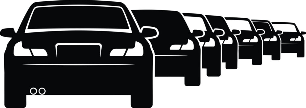 Silhouette of a line of cars from the front view, representing traffic jam or automotive industry concept, black on transparent background vector art.