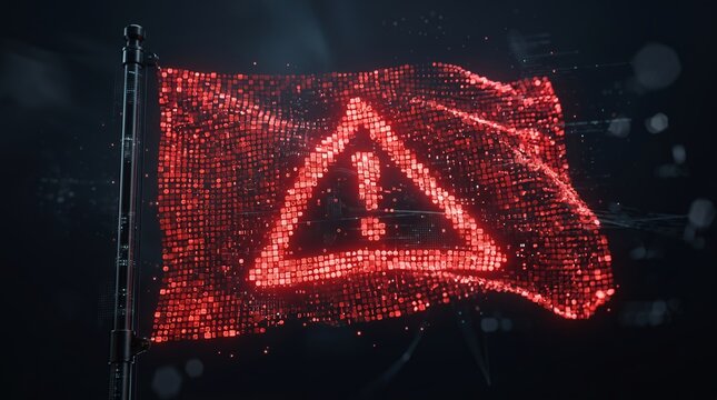 A large red warning flag with a triangle symbol is displayed on a pole at night