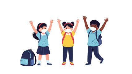 Fototapeta premium Diverse group of school children wearing face masks and backpacks with their hands raised in excitement and joy.
