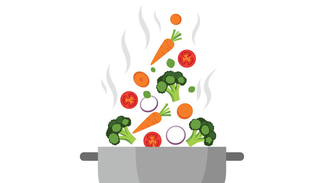 Selection of fresh vegetables including carrots and broccoli jumping into a cooking pot with rising steam lines.