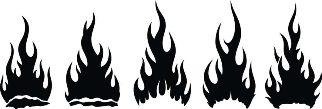 Set of fire flames, black silhouette icons isolated on transparent background, tattoo or logo design, hot burning fire graphic elements in flat style.