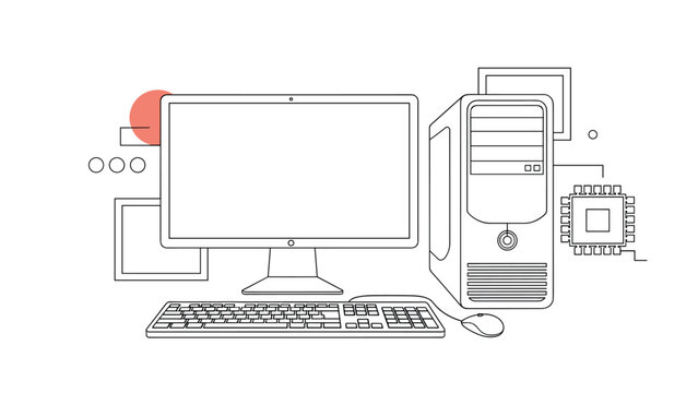 Technical drawing of a desktop computer setup including monitor CPU tower keyboard mouse and a processor chip.