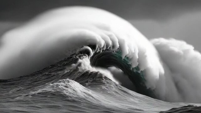 Raging Ocean: A mesmerizing display of nature's power, an enormous, turbulent wave crashes dramatically against a churning sea, showcasing raw strength.