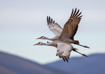 Obraz premium Two sandhill cranes soar through the sky against a soft blurred background.