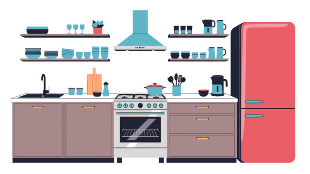 Spacious modern kitchen interior featuring sleek cabinets, a gas stove, an oven, a large red refrigerator, and organized shelving.