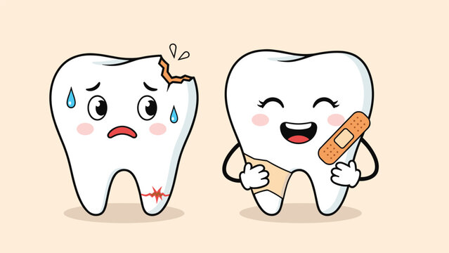 Comparison between damaged tooth in pain and healthy tooth with medical bandage used for dental care and hygiene education.