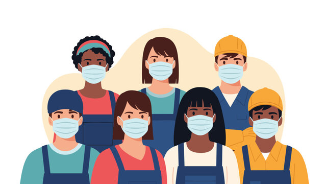 Group of diverse essential workers wearing medical face masks representing unity and safety across different job sectors.
