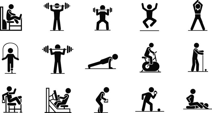 Set of stick figure silhouettes icons representing gym workout, fitness training, weightlifting, cycling, cardio exercises, and sports activities isolated on white background vector illustration,