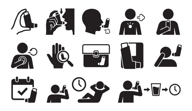 Medical collection of icons for asthma treatment and respiratory care