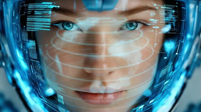 Futuristic Interface: A close-up shot captures the intense gaze of a woman, her eyes reflecting the complex data of an augmented reality interface, her focus unwavering.