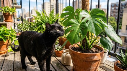 Obraz premium A black cat sniffs a monstera plant on a sunny balcony. Concept of urban gardening, pet lifestyle, nature. Generative AI.
