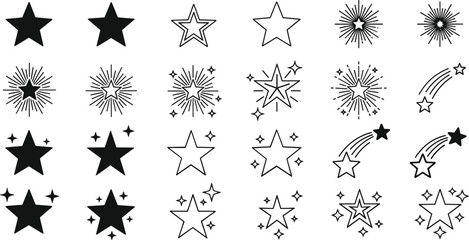 Star icons set, sparkling shapes, shooting star silhouettes, festive decoration elements, magic sparkle vector, cosmic galaxy symbols, shining starlight collection, minimalist black blue outline. © MDMUNTASSER