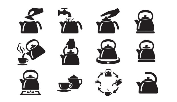 Kettle boiling and brewing process icon set with preparation beverage infusion