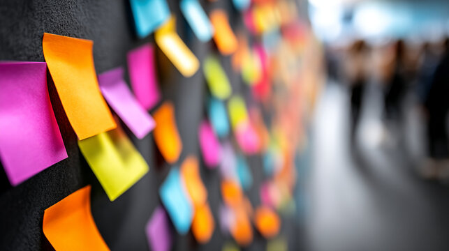 Colorful sticky notes on a dark wall brainstorming session blurred background