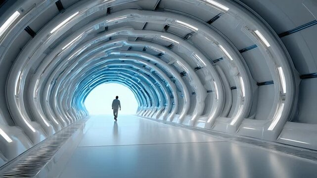Navigating the Futuristic Passage: A solitary figure ventures through a sleek, modern tunnel, bathed in a cool, ethereal glow, symbolizing the journey towards a brighter future.