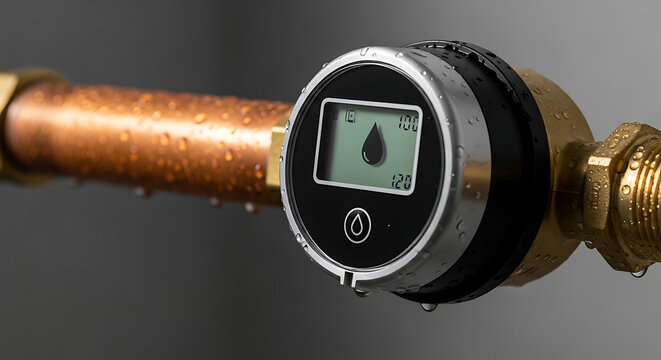 Modern Digital Smart Water Meter on Copper Pipe with Water Droplets